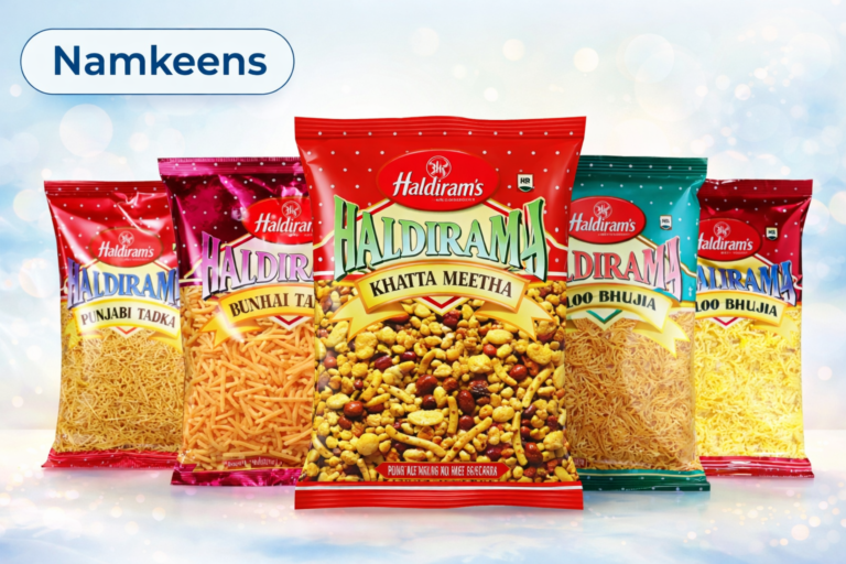 Colorful Haldiram's namkeen snack collection
